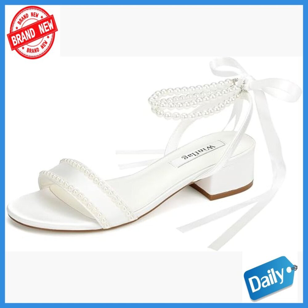 Low Heel Pearl Wedding Sandals Satin Open Toe Ankle Strap Size 6-11
